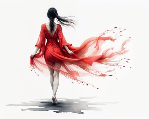 Graceful Figure in Flowing Red Dress on Reflective Surface