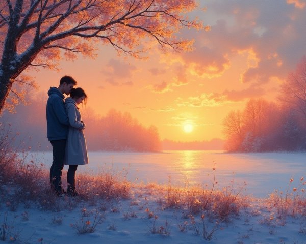 Couple Embraced at Sunset by Tranquil Lakeshore