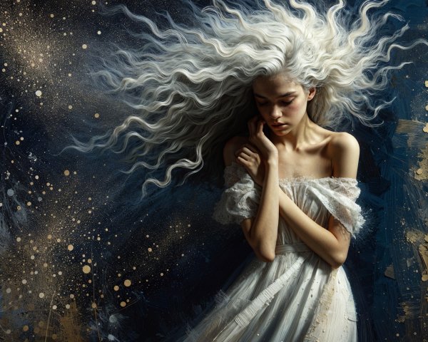 Ethereal Figure in White Dress Against Starry Background