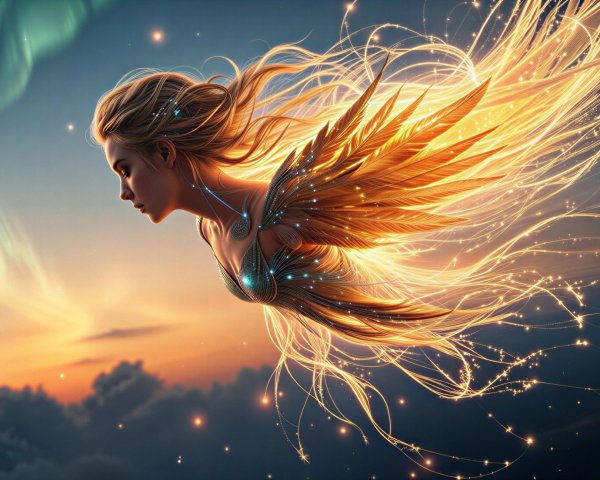 Mythical Figure with Wings in Twilight Sky