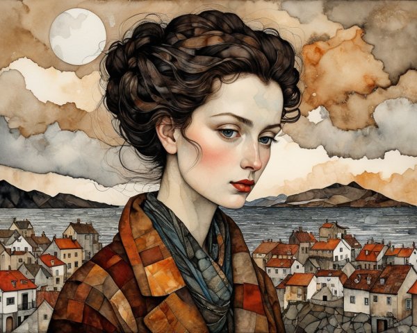 Young woman with intricate hairstyle in serene landscape