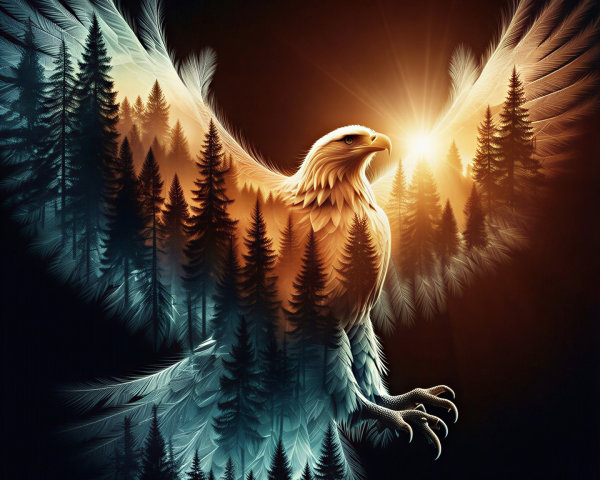 Eagle Soaring at Sunset Over Pine Forest Silhouettes