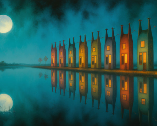 Colorful Houses Reflected in a Calm Night Lake