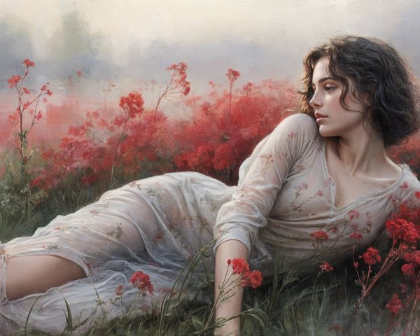 Serene Woman in a Vibrant Red Flower Field