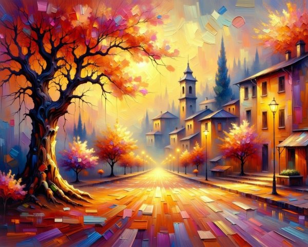 Autumn Landscape with Winding Street and Colorful Trees