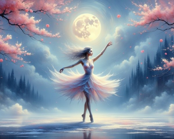 Surreal Dance Scene Under Moonlit Cherry Blossoms