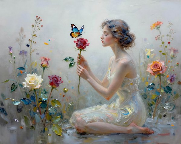 Impressionistic Painting of a Woman in a Rose Garden