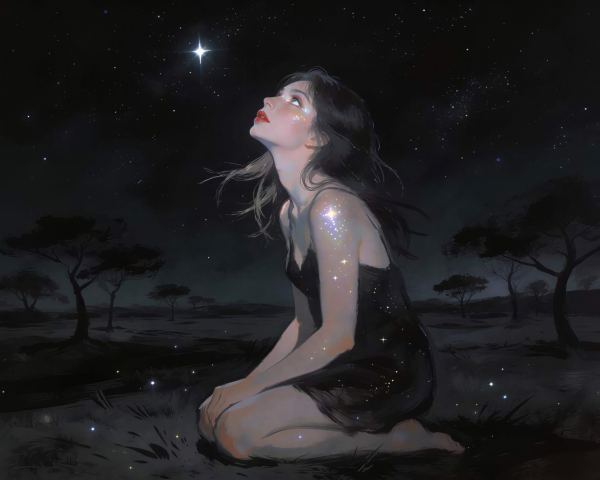 Digital Painting of Woman Gazing at Starry Sky
