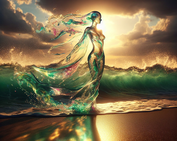 Translucent figure by the ocean at sunset