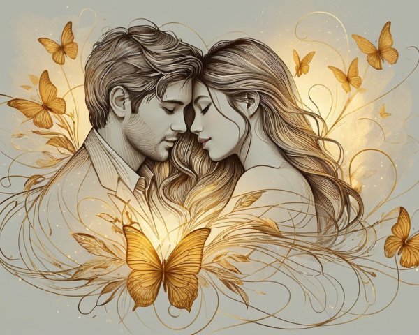 Intricate Illustration of a Couple Surrounded by Butterflies