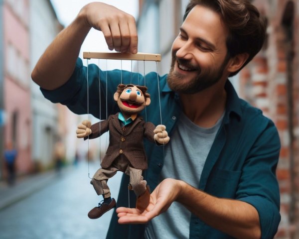 Cheerful Man with Marionette on Cobblestone Street