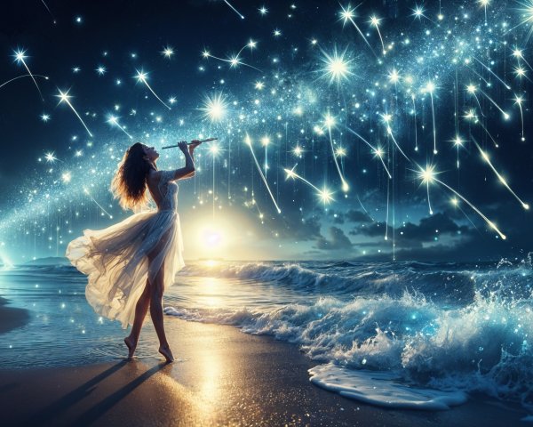 Graceful Figure Playing Flute on Moonlit Beach