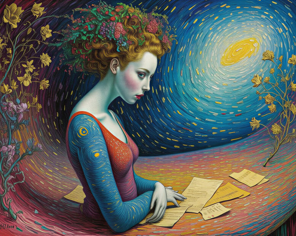 Contemplative Figure in Dreamlike Floral Landscape