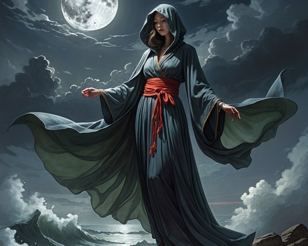 Mysterious Figure on Cliff Under Full Moonlight