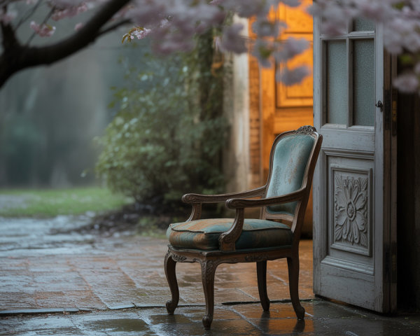 Vintage Upholstered Chair by Open Door with Blossoms