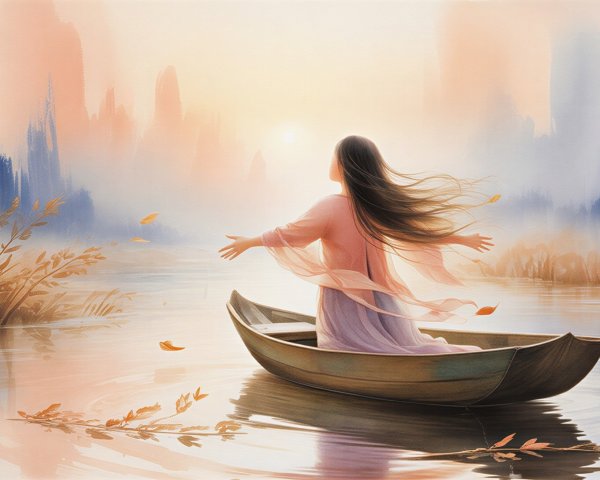 Young Woman in Boat on Tranquil Lake at Sunrise