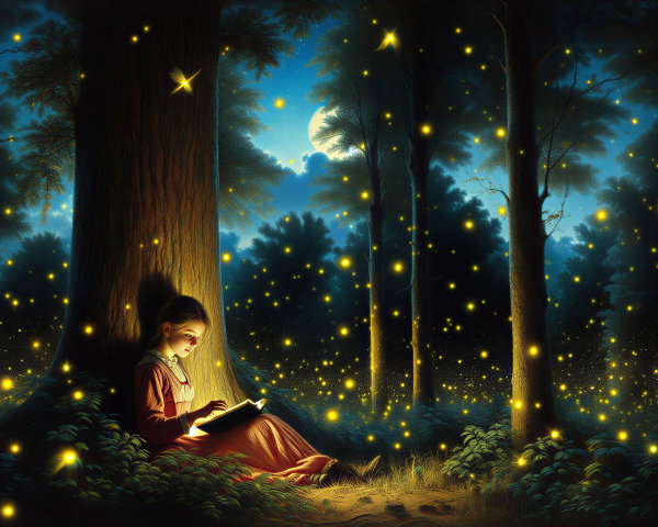 Young girl reading by a tree in a serene forest
