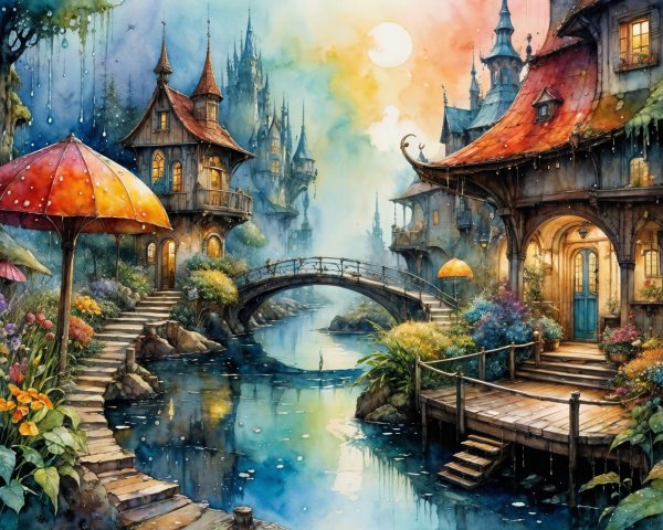 Whimsical Village Scene with Colorful Cottages and River