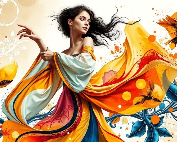 Whimsical Illustration of a Woman in Colorful Dress