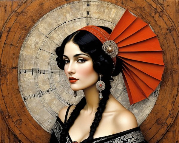 Striking Woman with Braids and Red Fan Headpiece