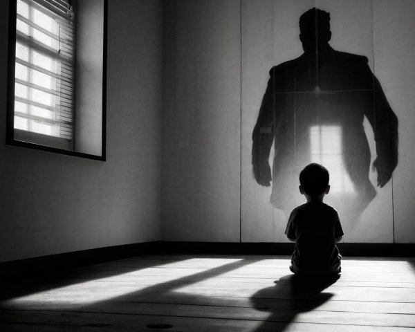 Black and white image of a child and a man's shadow