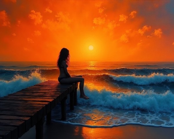 Sunset Over Ocean with Pier and Reflective Waters