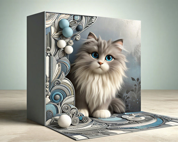 Whimsical Illustration of a Blue-Eyed Cat in Box
