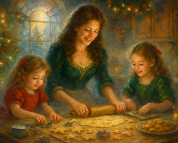 Cozy Kitchen Scene of Mother and Daughters Baking Cookies