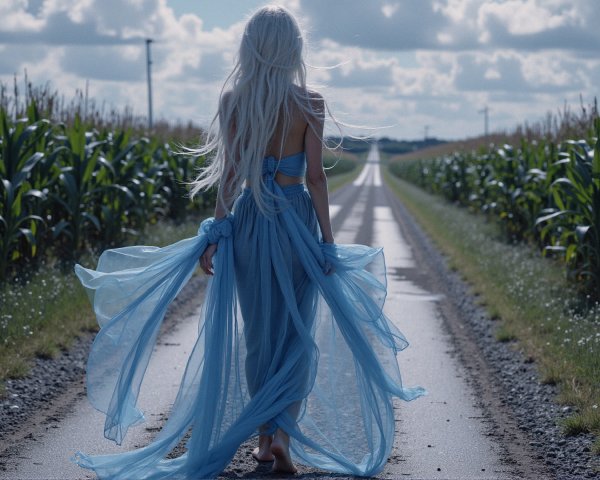 Figure in Blue Gown Walking Rural Road Surrounded by Cornfields