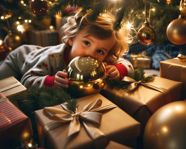 Child with Curly Hair Under Christmas Tree with Gifts