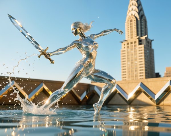 Silver Humanoid Figure with Crystal Sword in Water