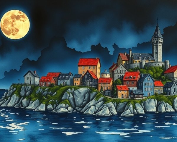 Picturesque Island Village Under Full Moonlight