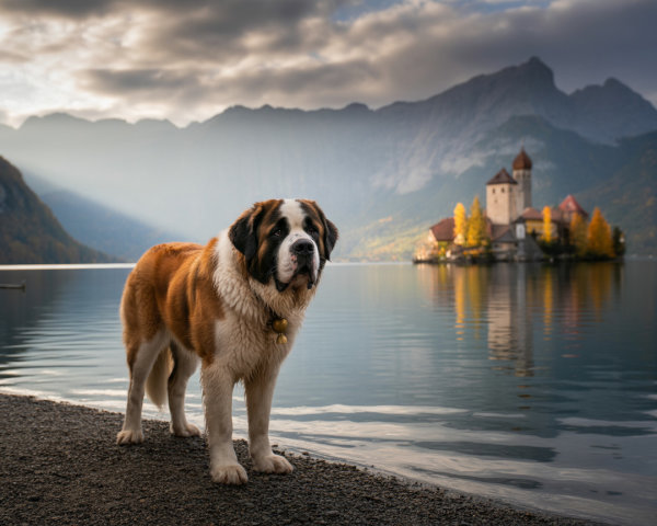 Saint Bernard by Tranquil Lake with Castle Reflection