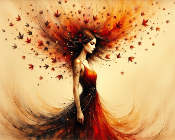 Autumn Scene with Graceful Figure in Flowing Gown