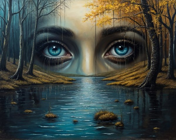 Serene Landscape with Reflective Blue Eyes in Water