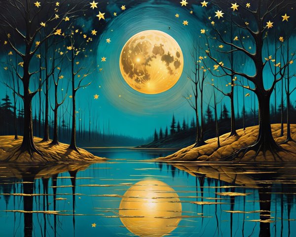 Serene Night Landscape with Full Moon and Lake Reflection