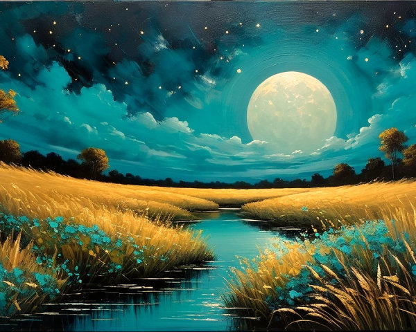Tranquil Night Landscape with Full Moon and River