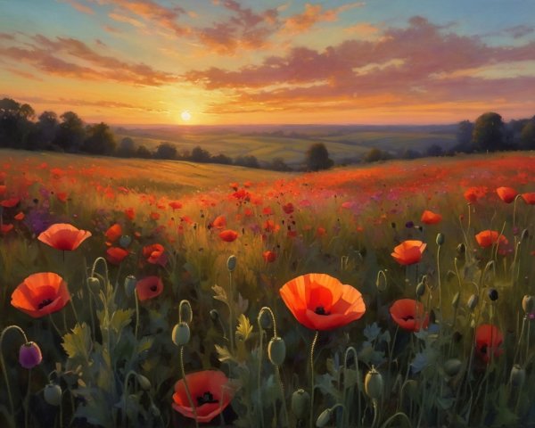 Vibrant Sunset Landscape with Red Poppies and Hills