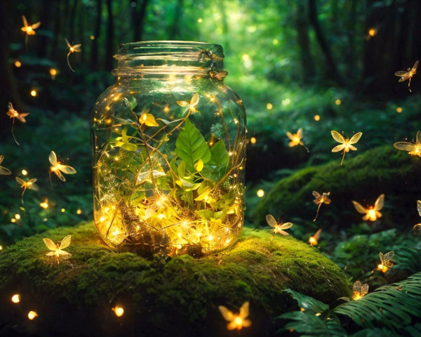 Magical Forest Scene with Glowing Jar and Fairies