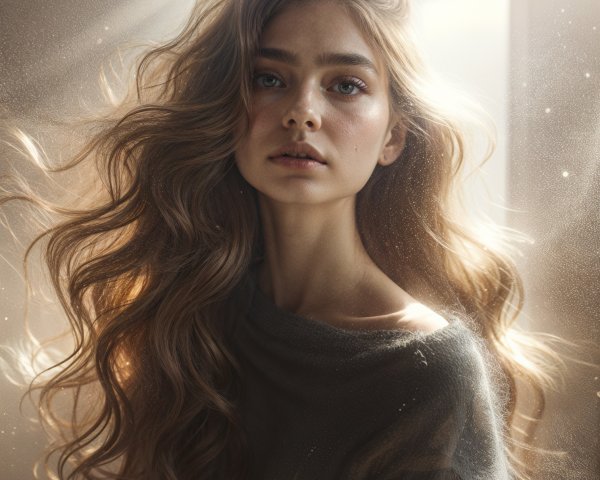 Young woman with wavy hair in soft warm light