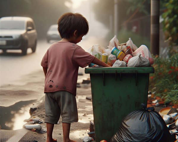 Child Rummaging Through Trash on Misty Street