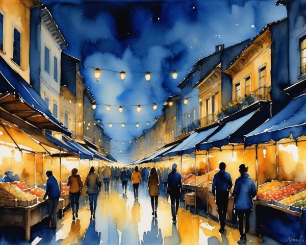 Vibrant Night Market with Fresh Fruits and Warm Lights