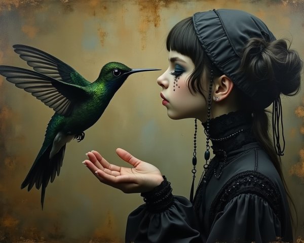 Young girl in vintage outfit interacts with hummingbird