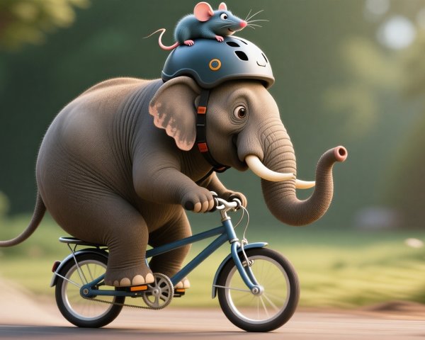 Cartoon Elephant on Bicycle with Mouse in Helmet