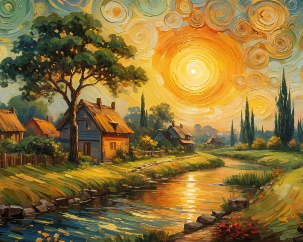 Winding River at Sunset with Rustic Houses and Trees