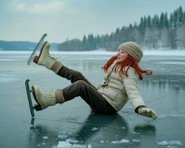 Young girl ice skating on frozen lake in winter scene