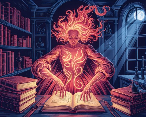 Sorceress in Library Harnesses Magical Energy from Book