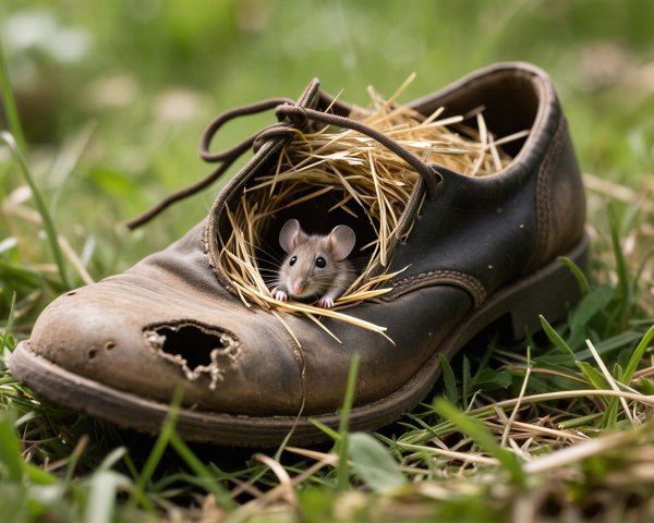 Mouse Nesting in Worn Shoe Surrounded by Grass