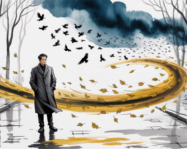 Solitary Figure on Reflective Path in Stylized Landscape