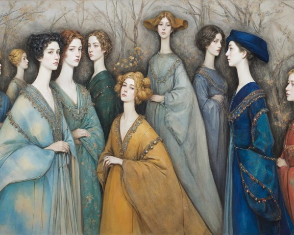 Elegantly Dressed Women in Serene Landscape Setting